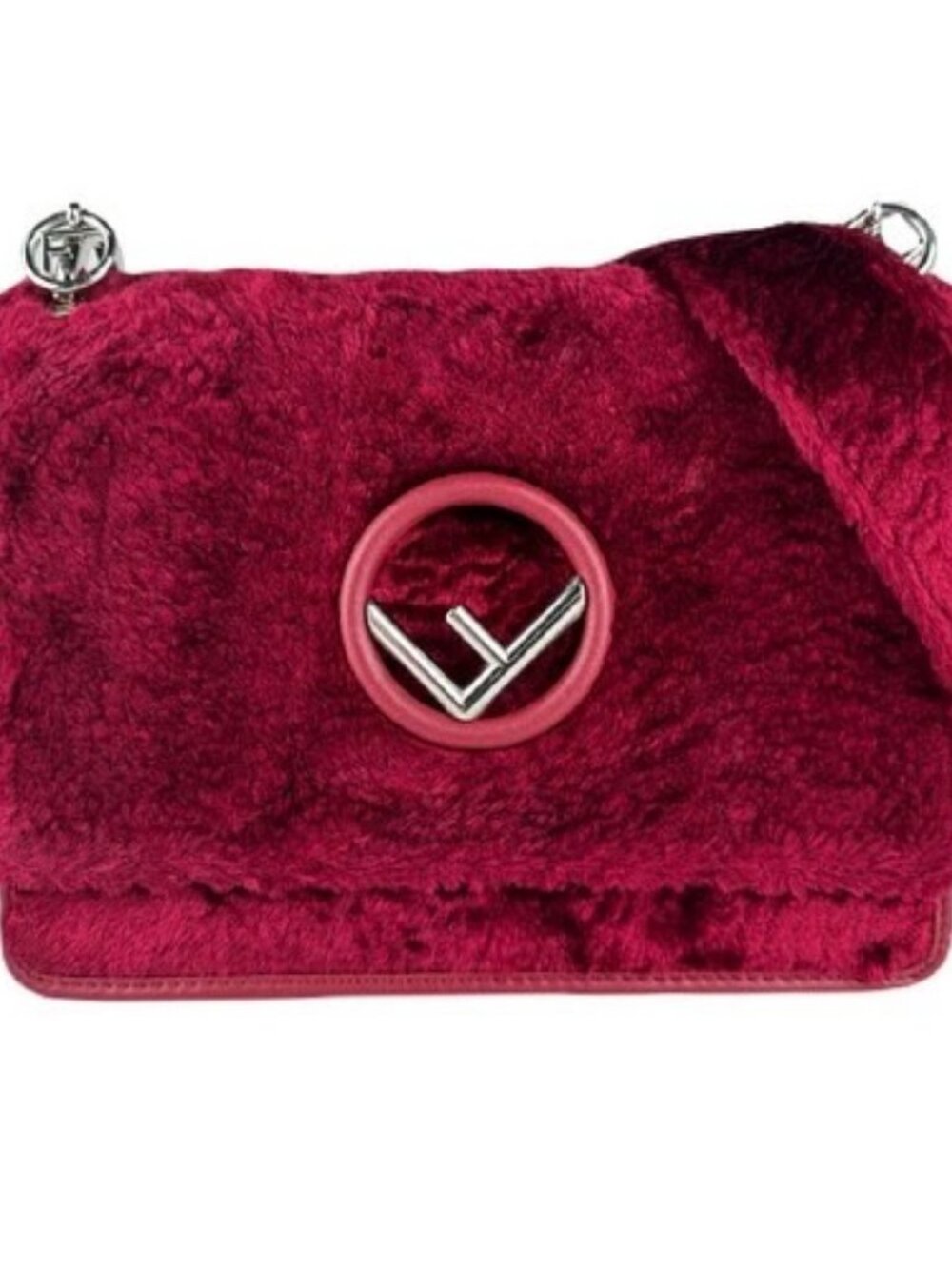 Auth FENDI Can I Shoulder Bag Red Fur/Silvertone - z8922